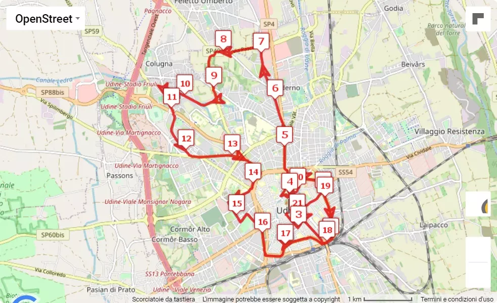 23° Maratonina Città di Udine, mappa percorso gara 21.0975 km