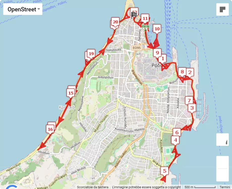 Rhodes Marathon & Half 2024, 21.0975 km race course map