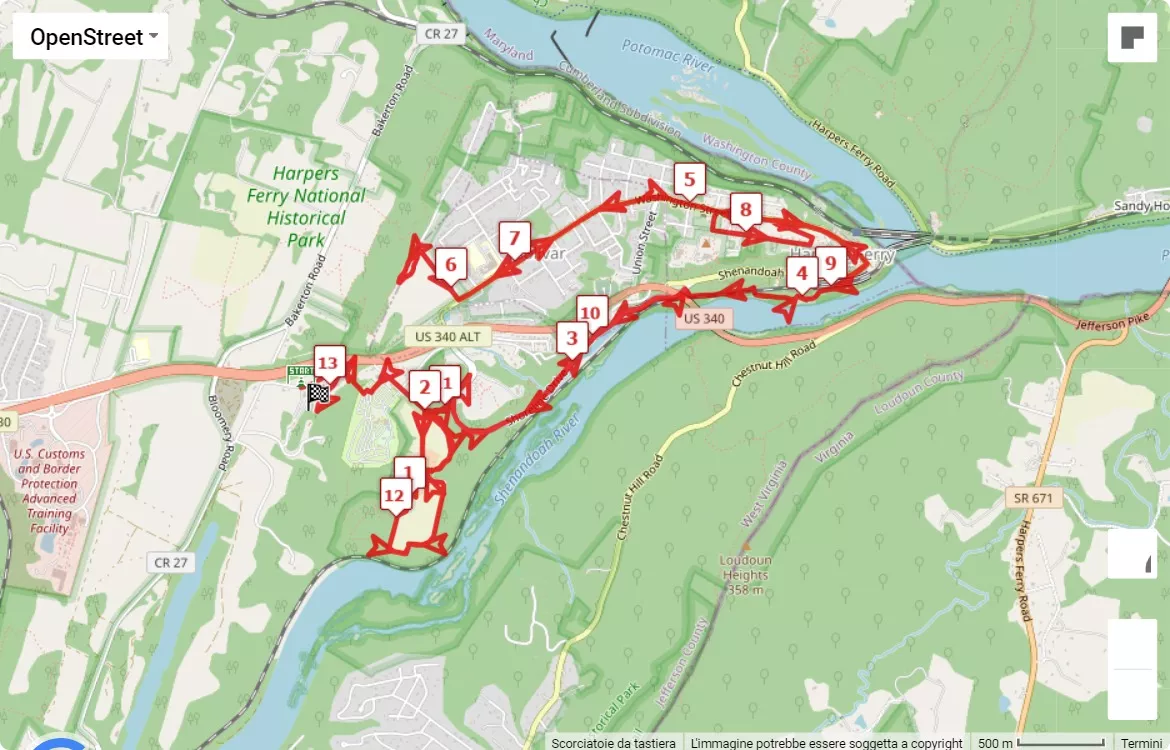 Harpers Ferry Half Marathon, 21.0975 km race course map