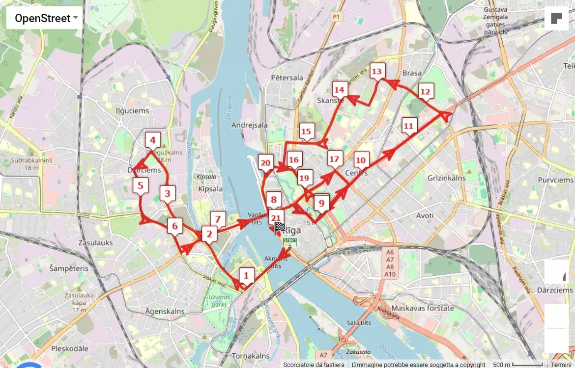 Rimi Riga Marathon, 21.0975 km race course map