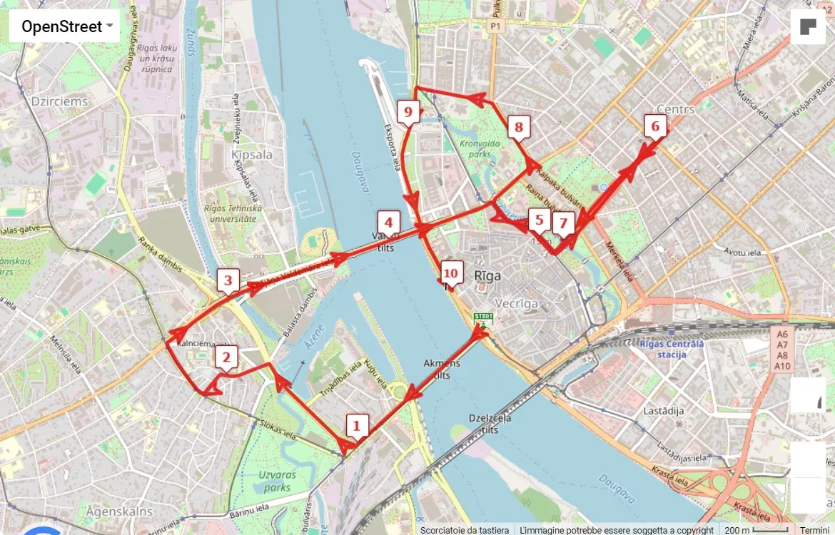 Rimi Riga Marathon, 10 km race course map