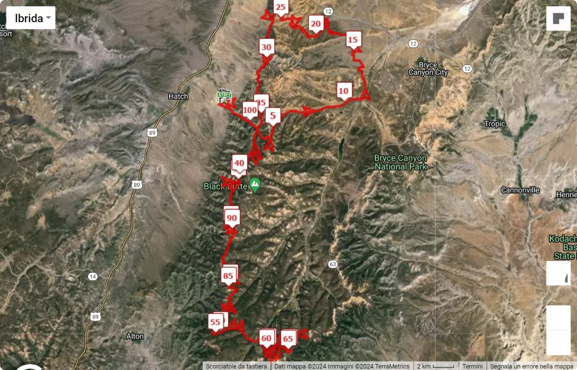 Bryce Canyon Ultras, mappa percorso gara 160.9 km
