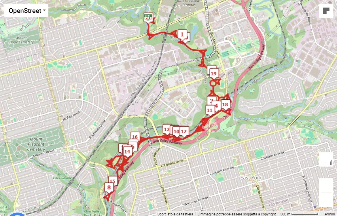 Puma Toronto women’s half marathon, 21.0975 km race course map
