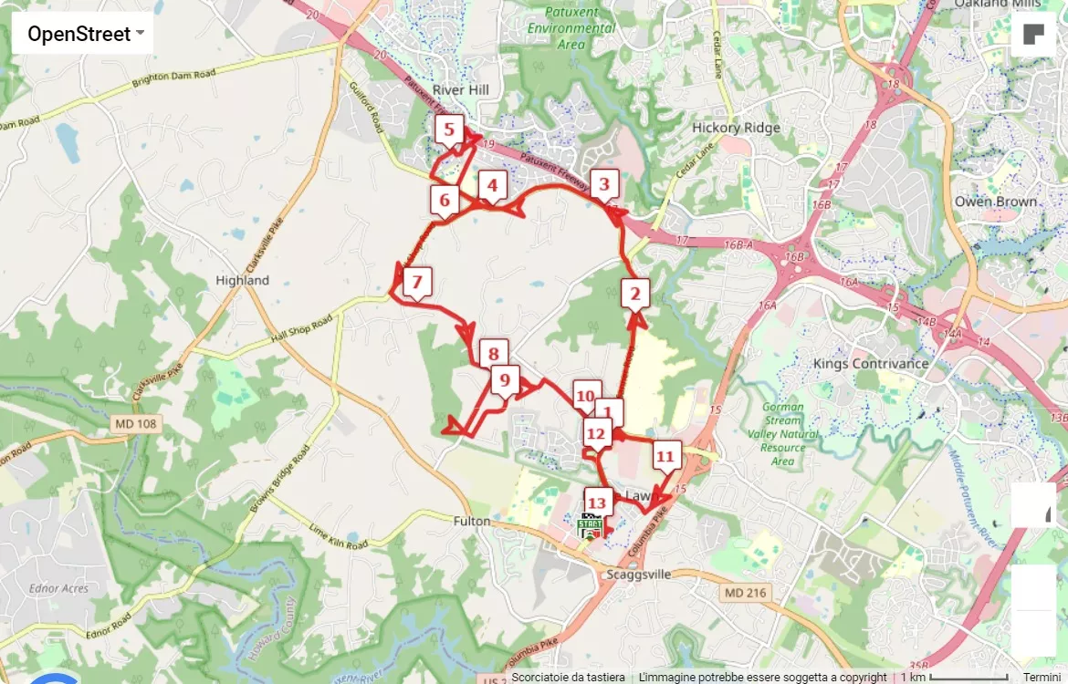 Maryland Half Marathon & 5K 2024, 21.0975 km race course map