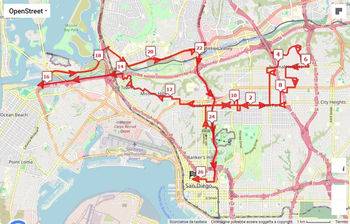 mappa percorso di gara Rock 'n' Roll Running Series San Diego Marathon 2024