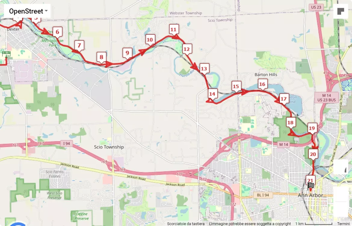 Dexter-Ann Arbor Run, 21.0975 km race course map
