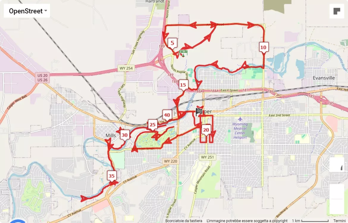 mappa percorso di gara Casper Marathon
