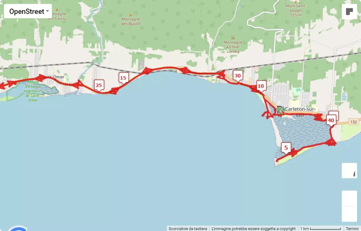 mappa percorso di gara Marathon Baie-des-Chaleurs