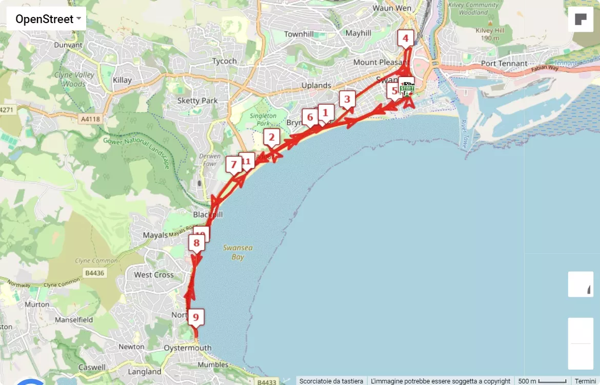 Swansea Half Marathon, mappa percorso gara 21.0975 km