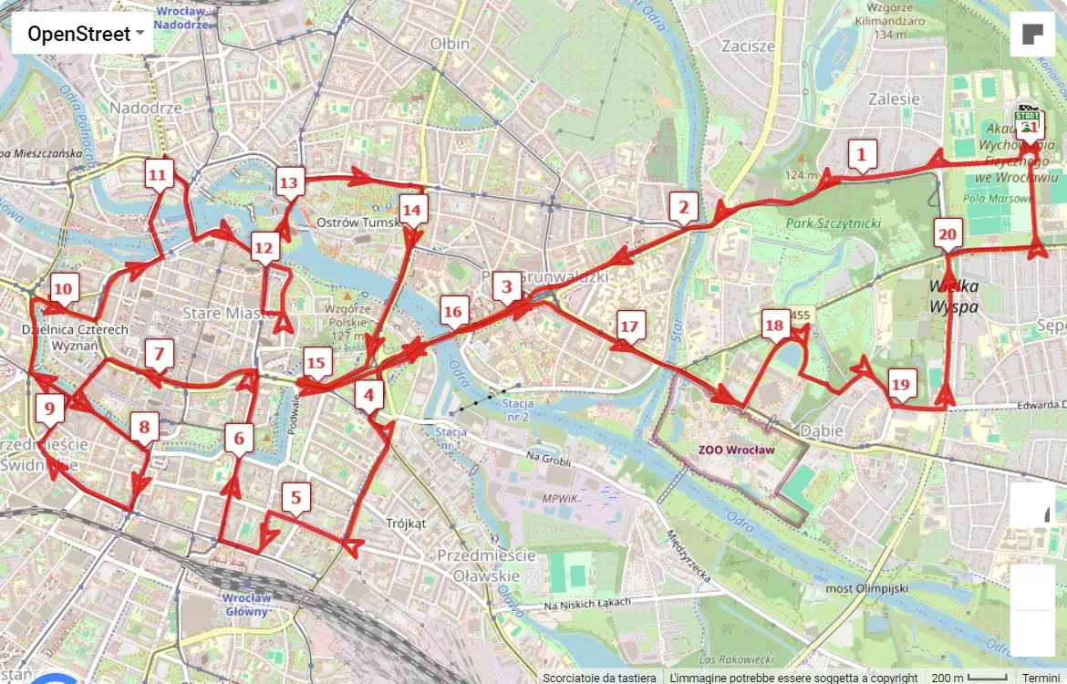 mappa percorso di gara Nocny Wrocław Półmaraton