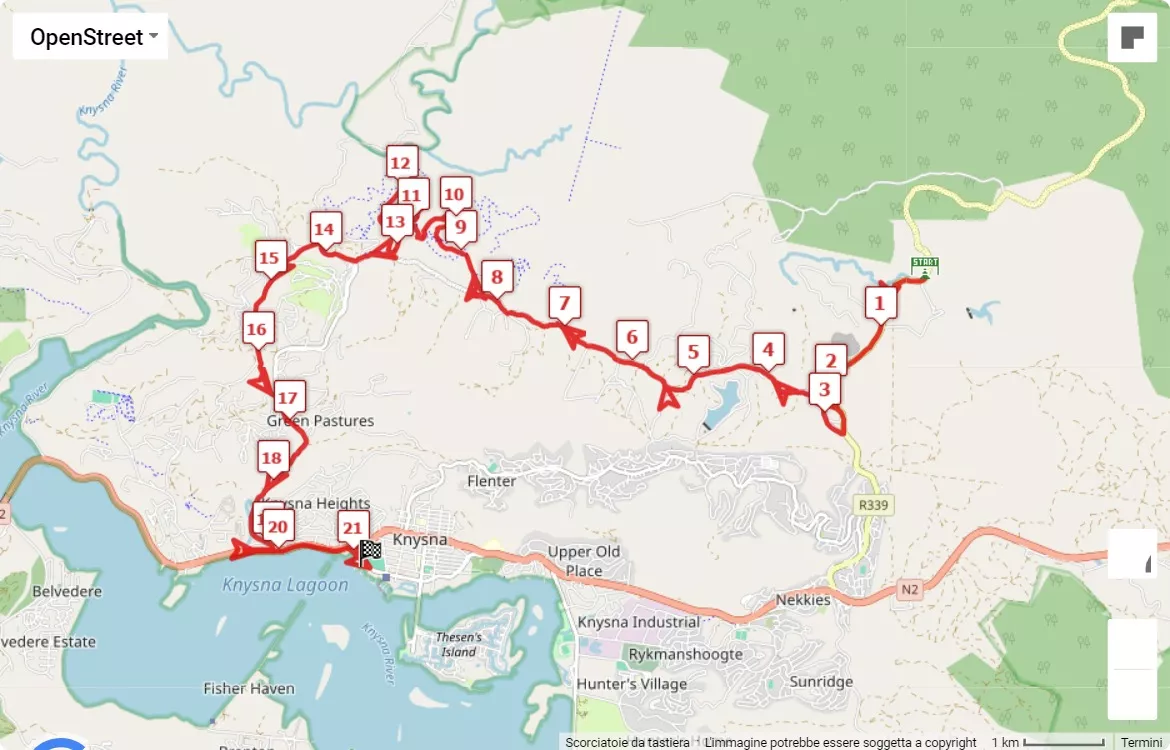 Knysna Forest Marathon, mappa percorso gara 21.0975 km