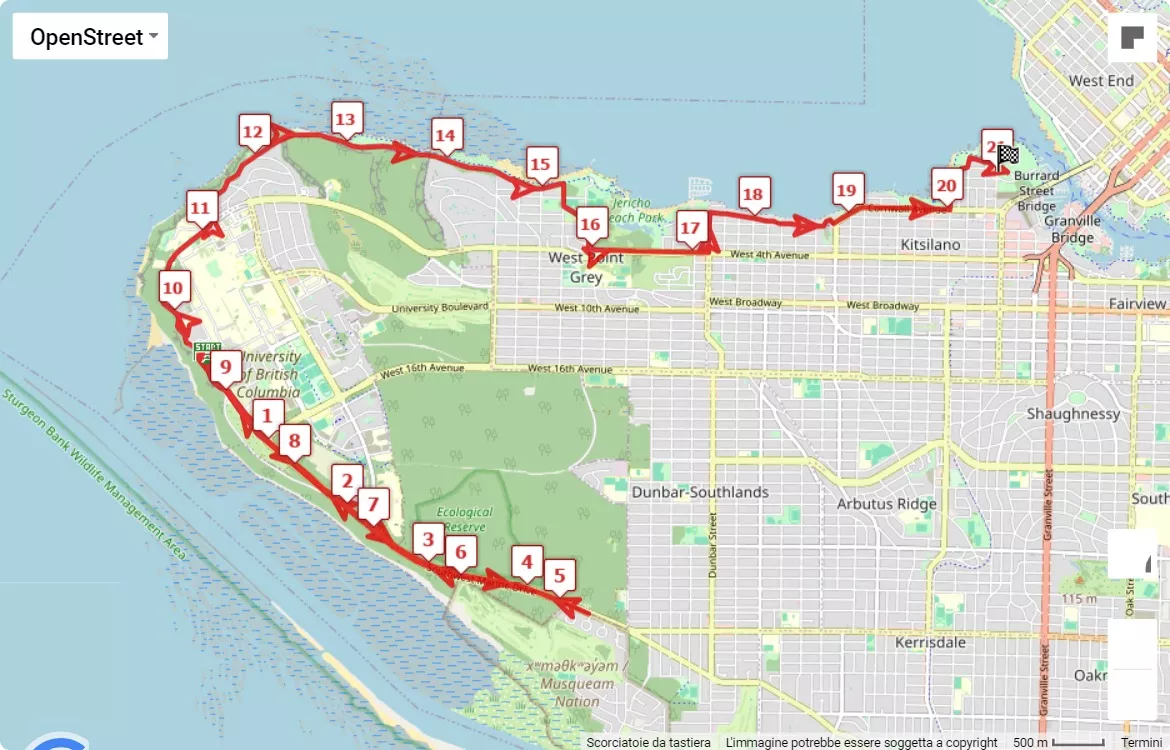 mappa percorso di gara Vancouver Half Marathon Canada Running Series