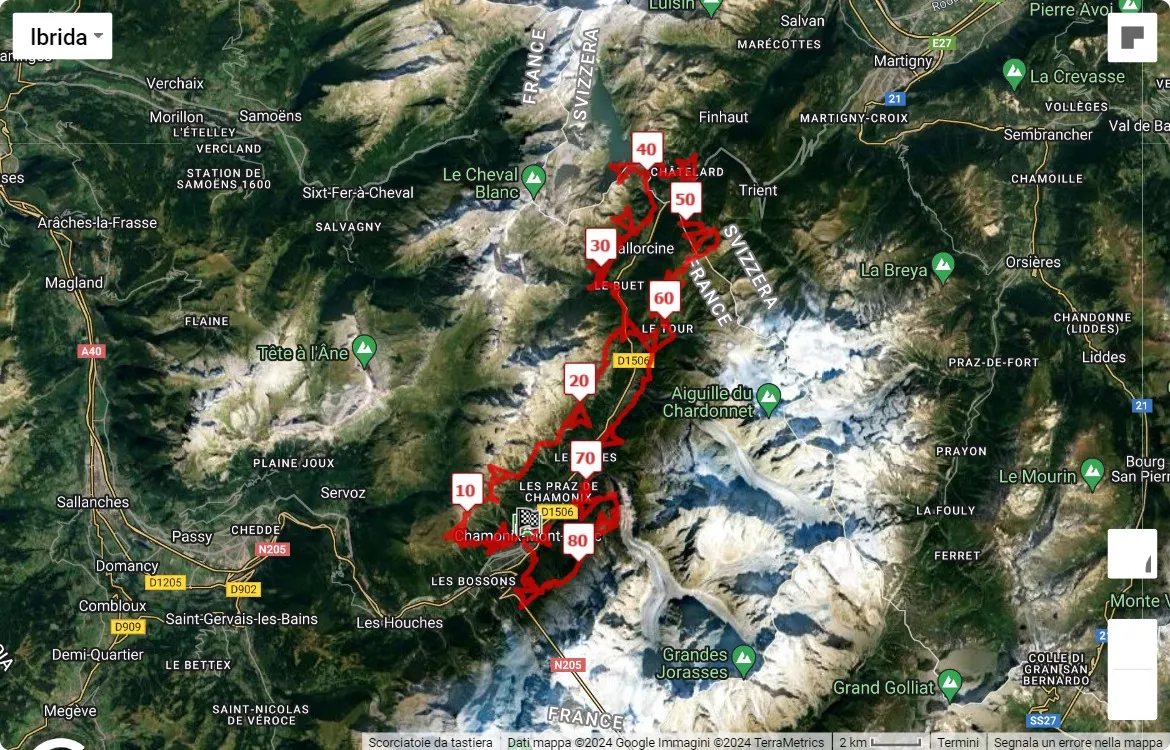 mappa percorso di gara Mont-Blanc Marathon 2024
