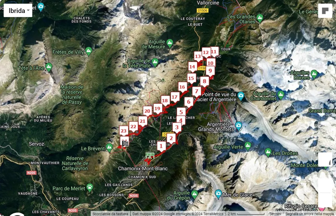 Mont-Blanc Marathon 2024, 23 km race course map