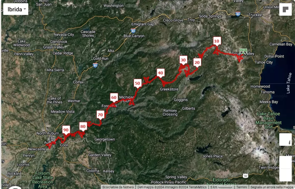 Western States Endurance Run, mappa percorso gara 160.9 km