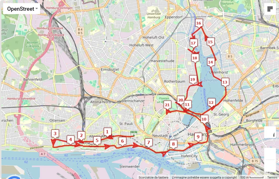 Hella Hamburg half marathon, 21.0975 km race course map