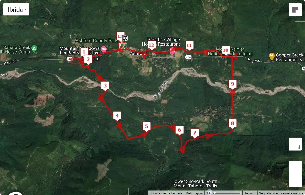 Mount Rainier Half Marathon & 5K, 21.0975 km race course map