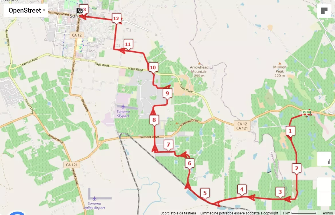 Napa to Sonoma Wine Country Half Marathon 2024, mappa percorso gara 21.0975 km
