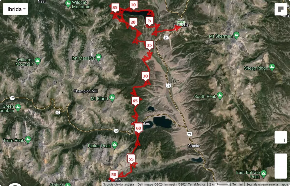 Leadville Trail 100 Run, 160.9 km race course map