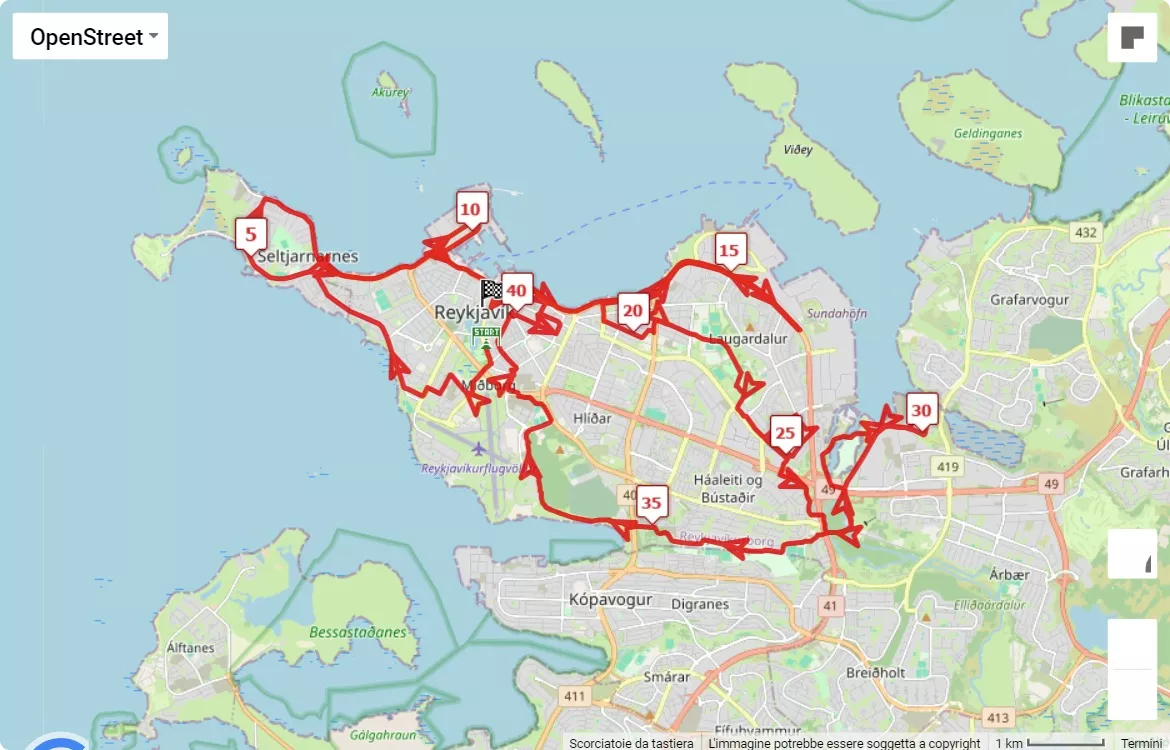 Reykjavik Marathon 2024, 42.195 km race course map