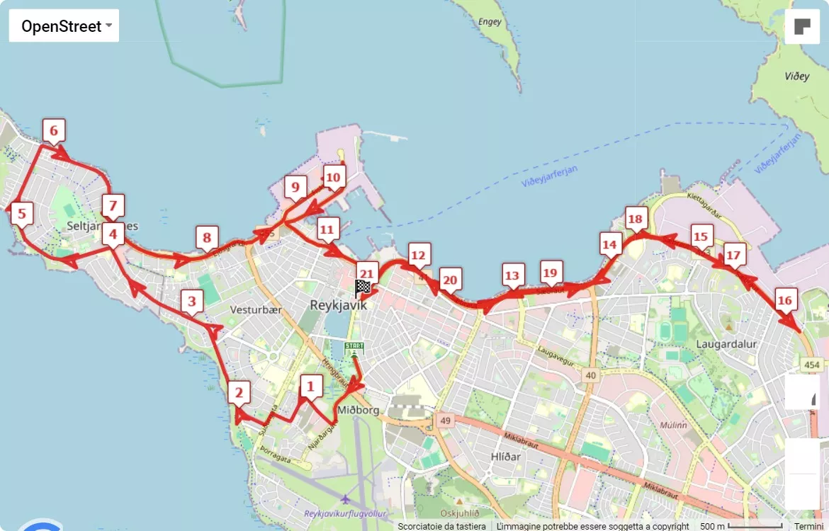 Reykjavik Marathon 2024, 21.0975 km race course map