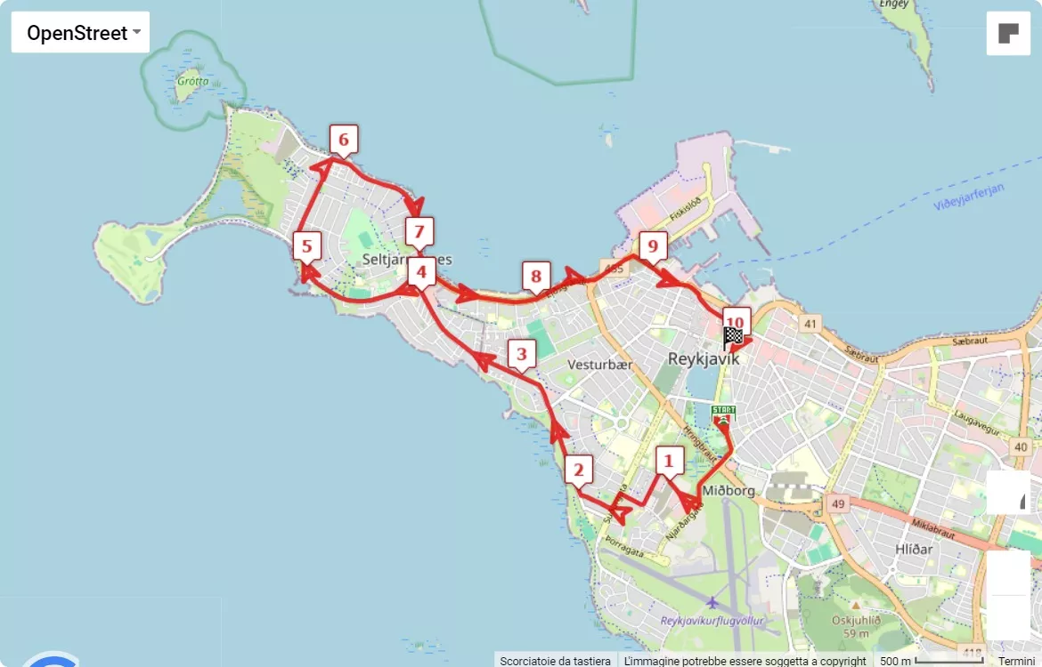Reykjavik Marathon 2024, 10 km race course map