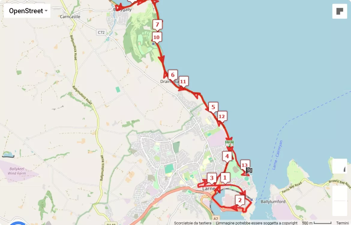 Antrim Coast Half Marathon 2024, 21.0975 km race course map