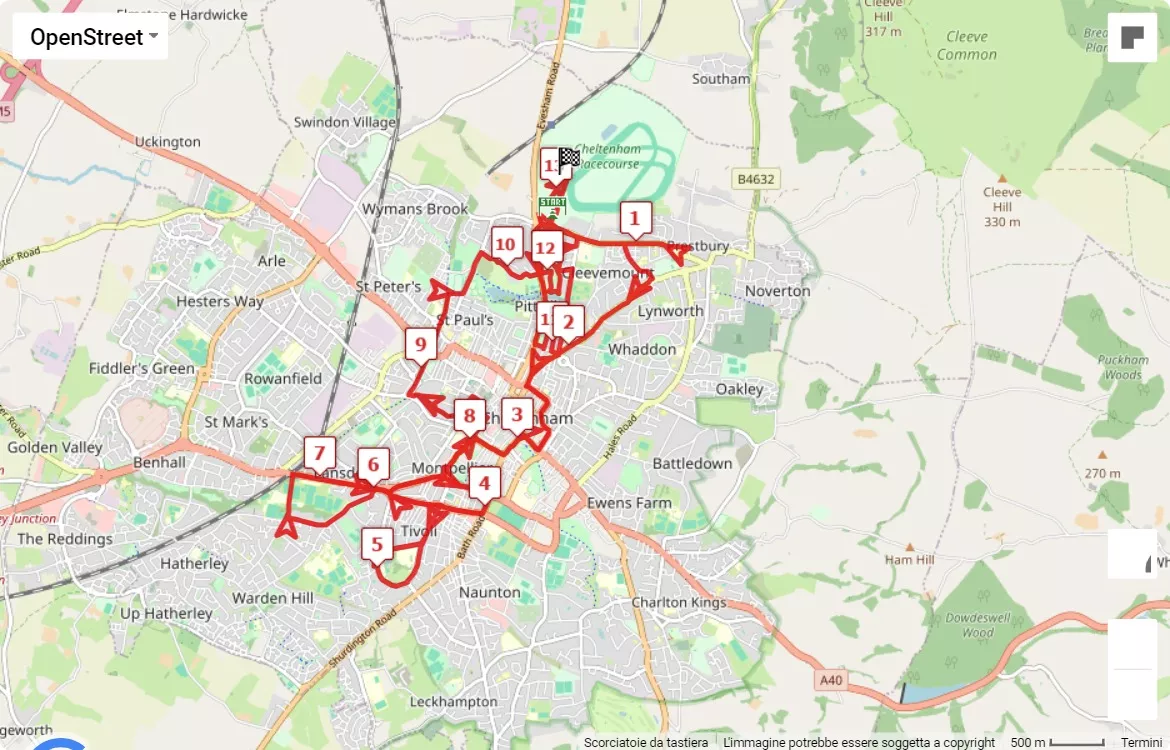 Run Cheltenham 2024, 21.0975 km race course map