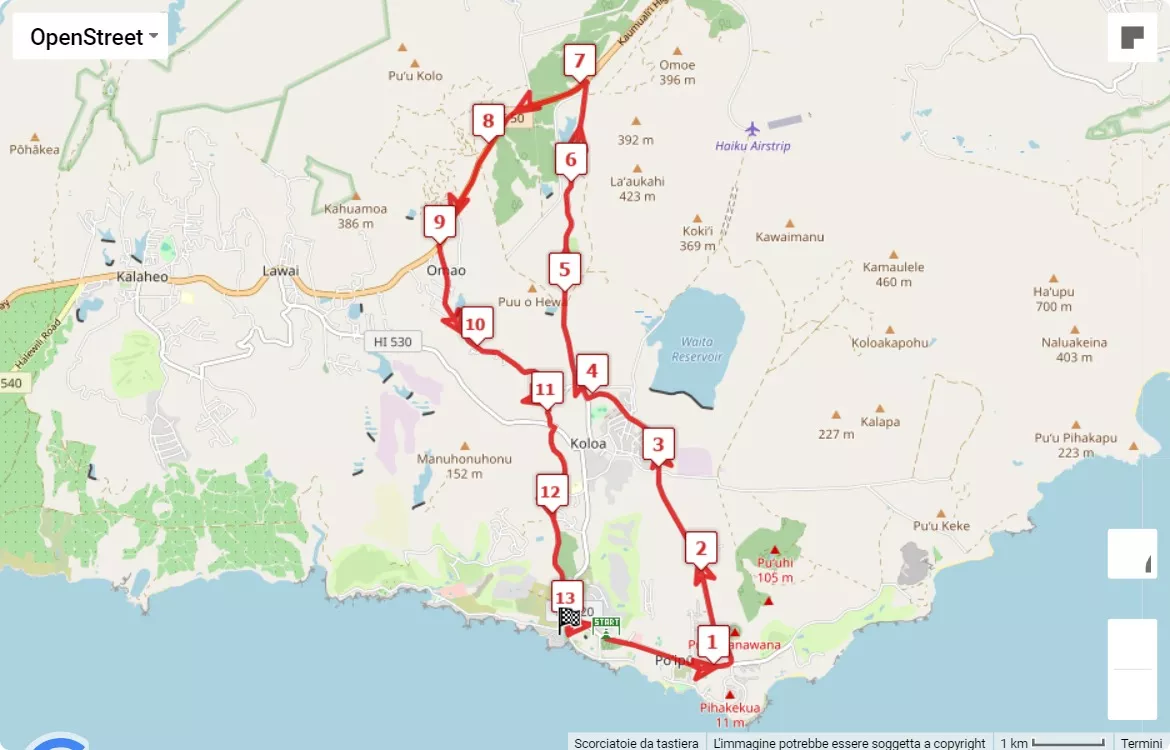 Kauai Marathon and Half Marathon 2024, mappa percorso gara 21.0975 km