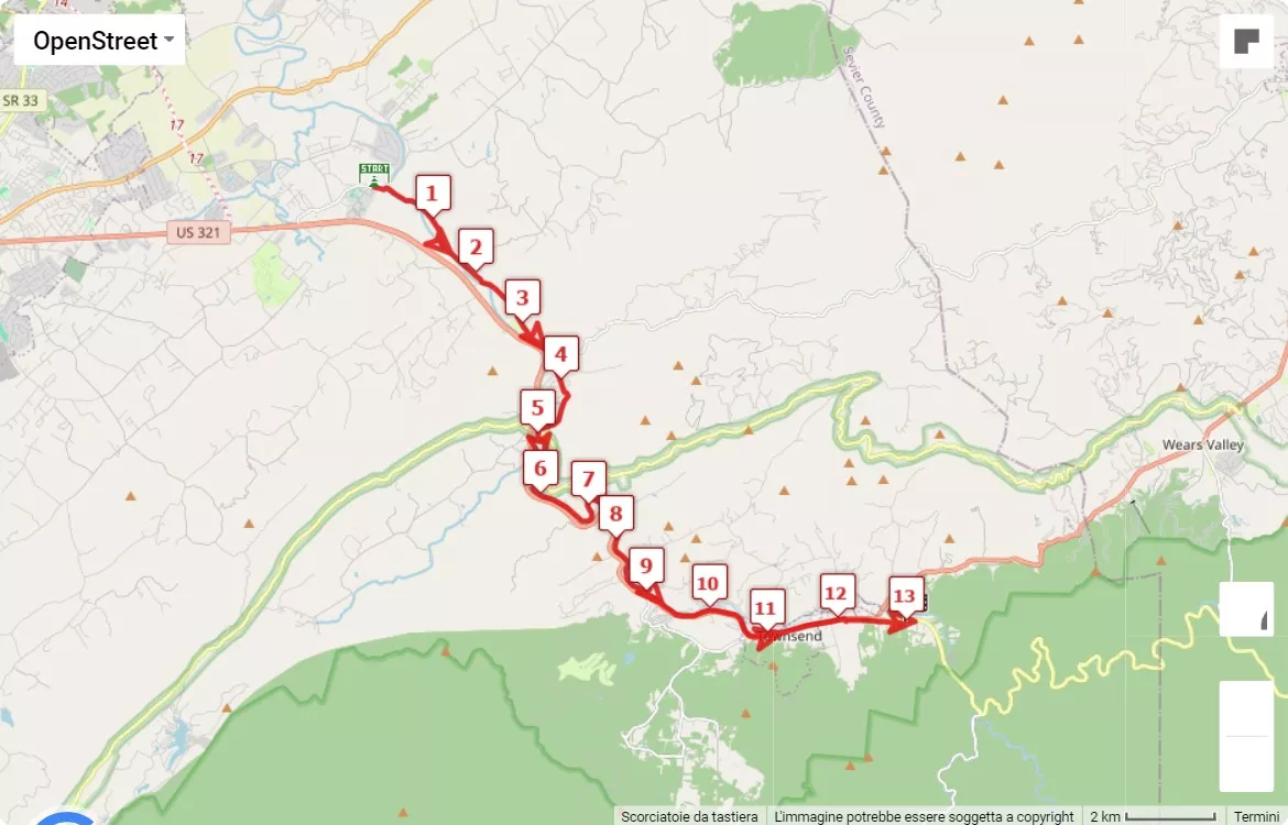 Great Smoky Mountains Half & 5K 2024, mappa percorso gara 21.0975 km
