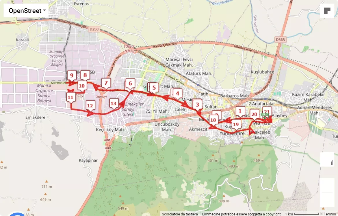 Vestel Manisa Half Marathon, 21.0975 km race course map