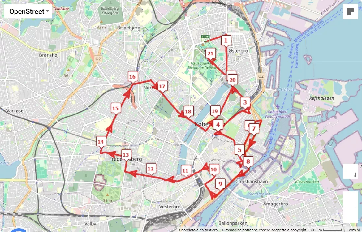 Copenhagen Half Marathon, 21.0975 km race course map