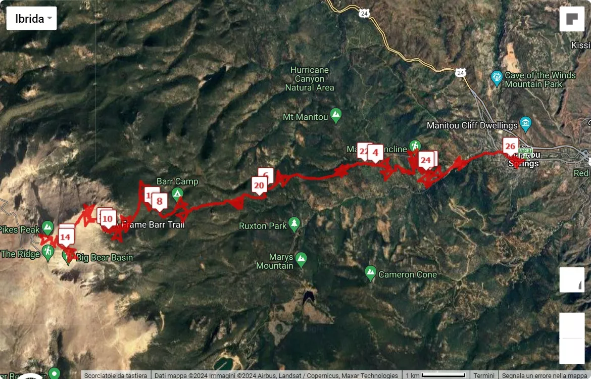 mappa percorso di gara Pikes Peak Marathon 2024