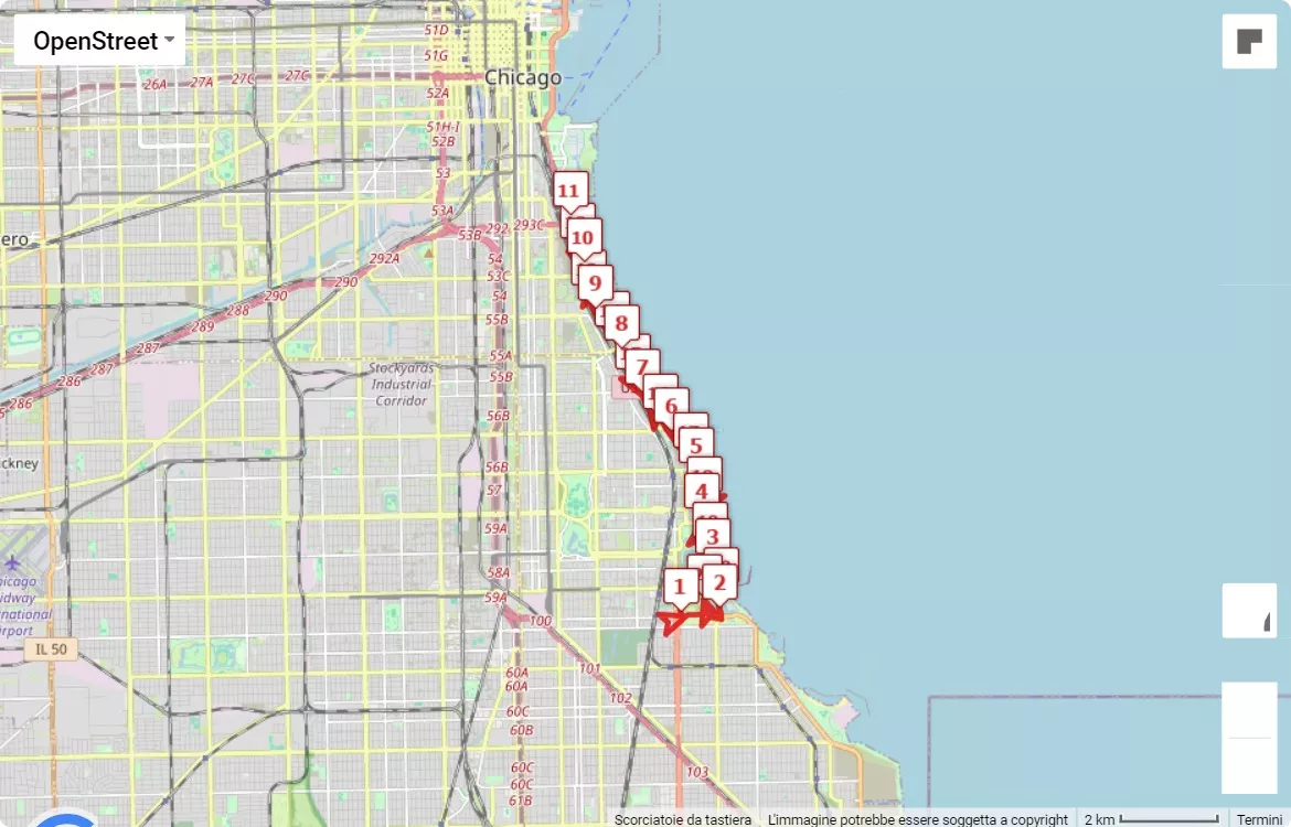 Life Time Chicago Half Marathon & 5K 21.098 km, 2024 course map.