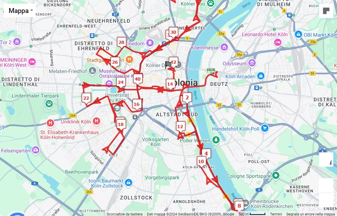 mappa percorso di gara Generali Cologne Marathon 2024