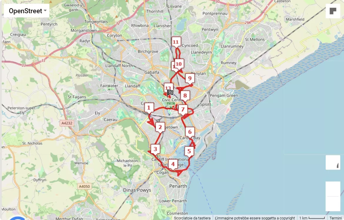 Cardiff Half Marathon 2024, 21.0975 km race course map