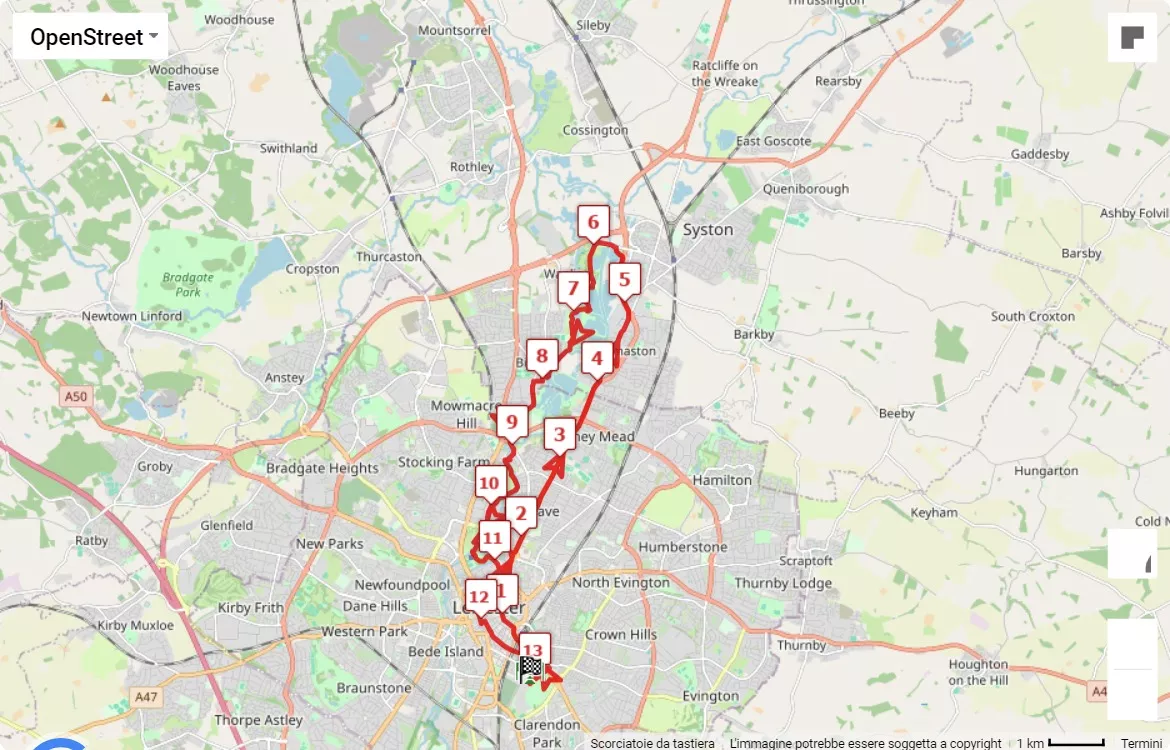 Run Leicester Half Marathon and 10K 2024, 21.0975 km race course map