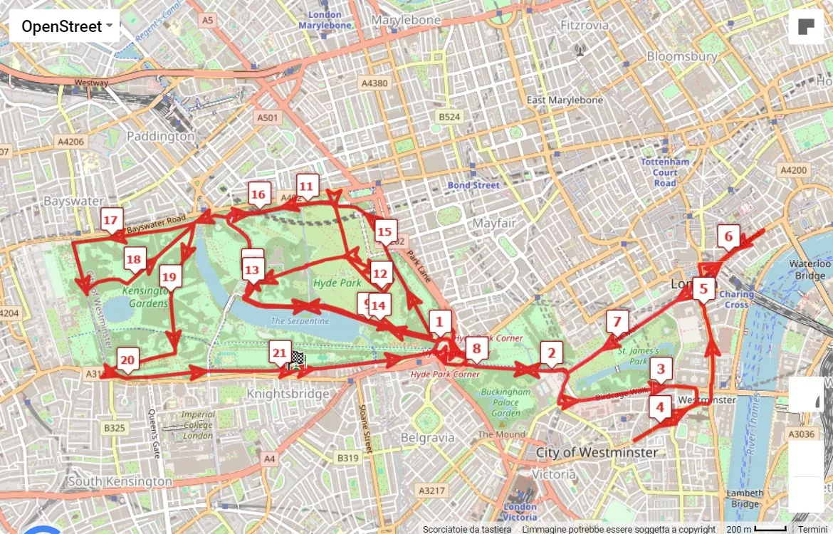 Royal Parks Half Marathon 2024, 21.0975 km race course map