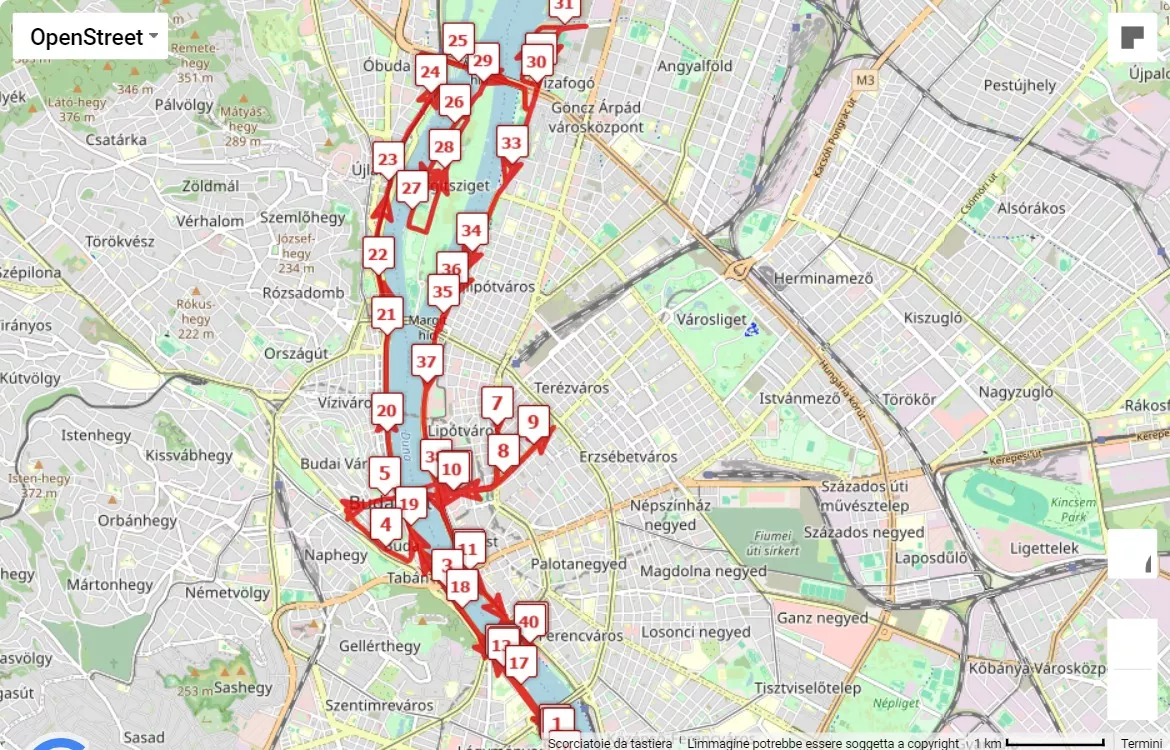 39th Spar Budapest Marathon, 42.195 km race course map