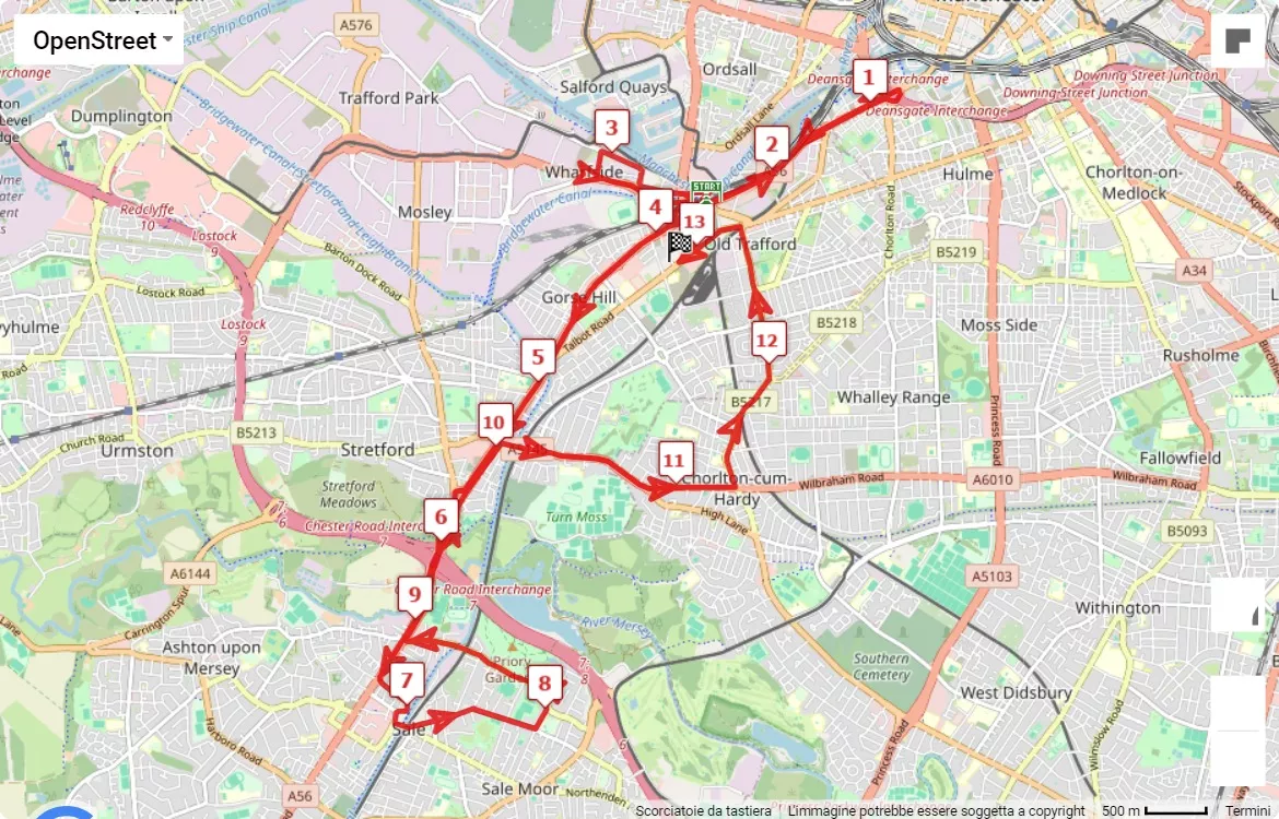 Manchester Half 2024, mappa percorso gara 21.0975 km