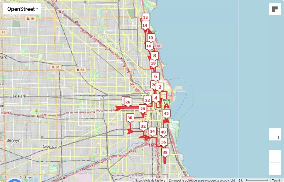 Bank of America Chicago Marathon, 42.195 km race course map