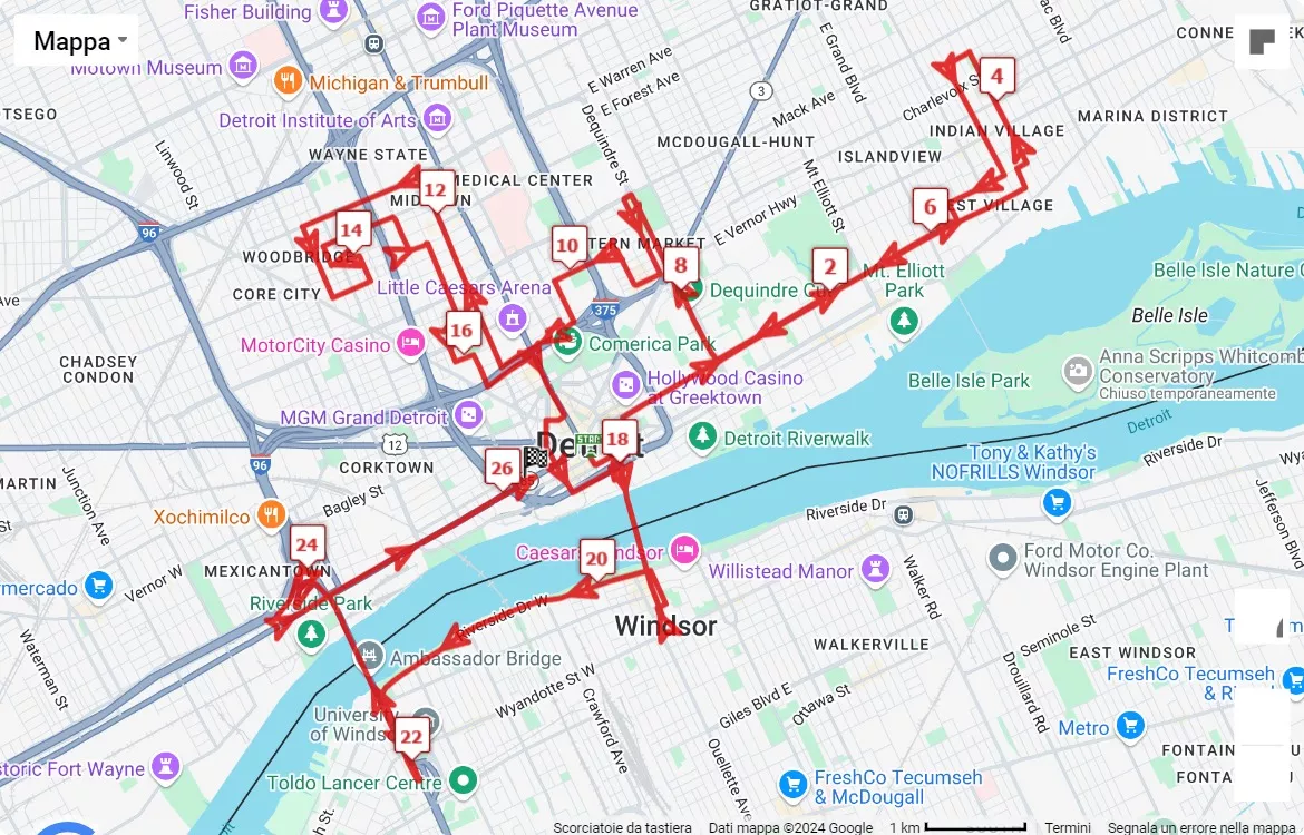 mappa percorso di gara Detroit Free Press Marathon 2024