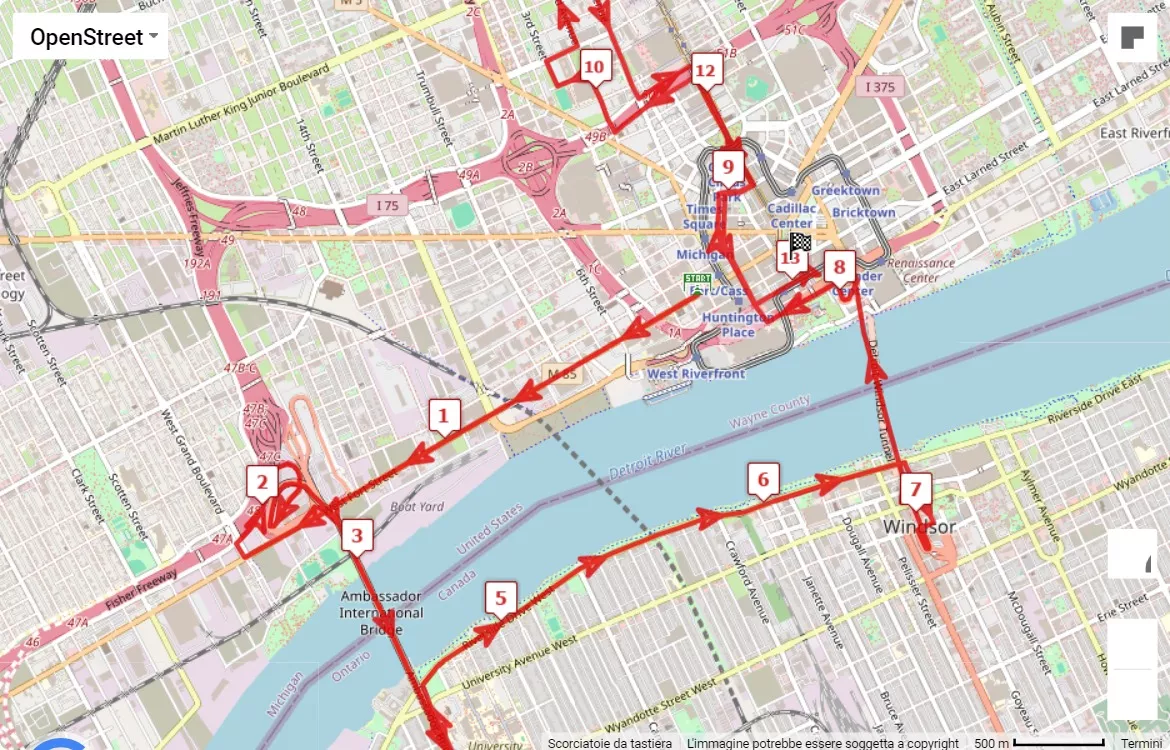 Detroit Free Press Marathon 2024, 21.0975 km race course map