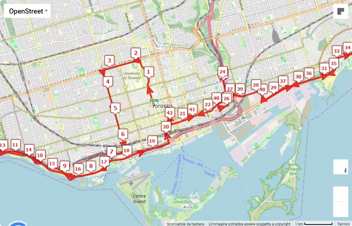 Toronto Waterfront Marathon 2024, 42.195 km race course map