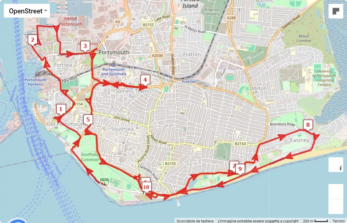 AJ Bell Great South Run 2024, mappa percorso gara 16.09 km