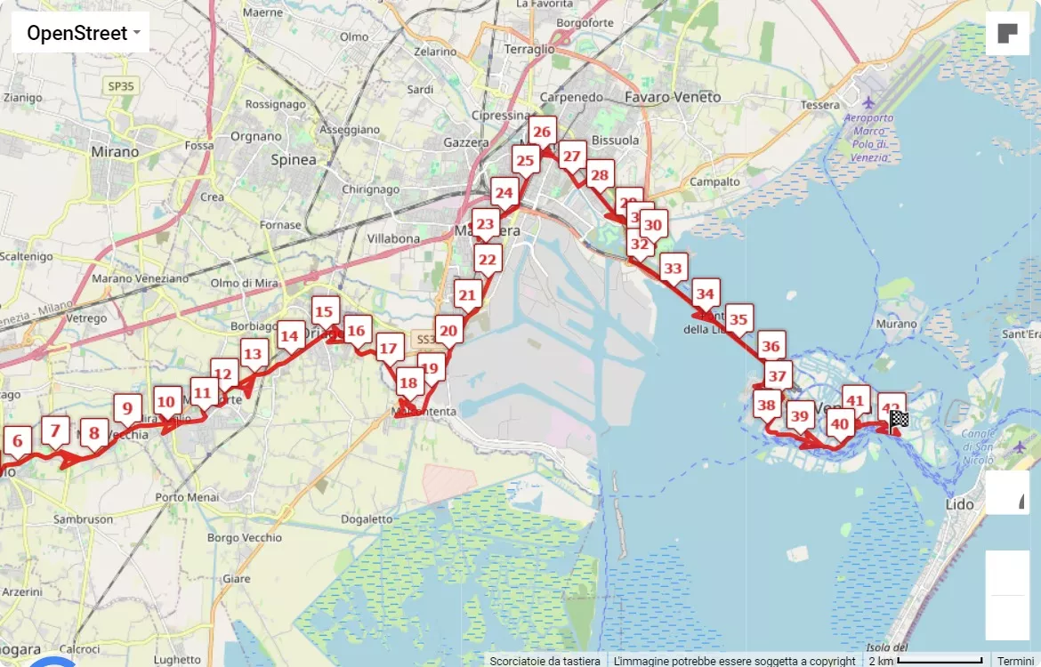 Venice Marathon, mappa percorso gara 42.195 km