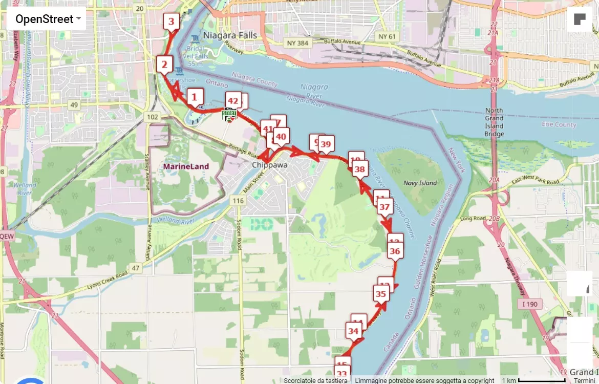 Niagara Falls Marathon, 42.195 km race course map