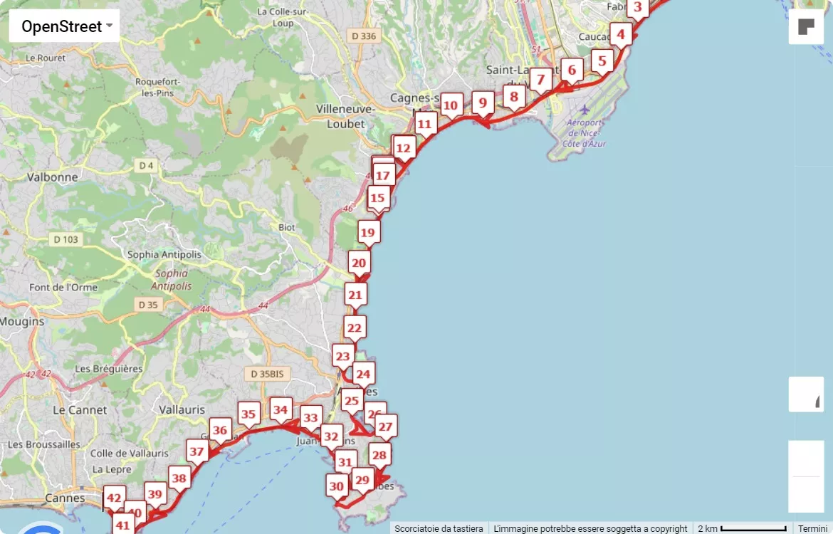 Marathon des Alpes-Maritimes Nice-Cannes 2024, 42.195 km race course map