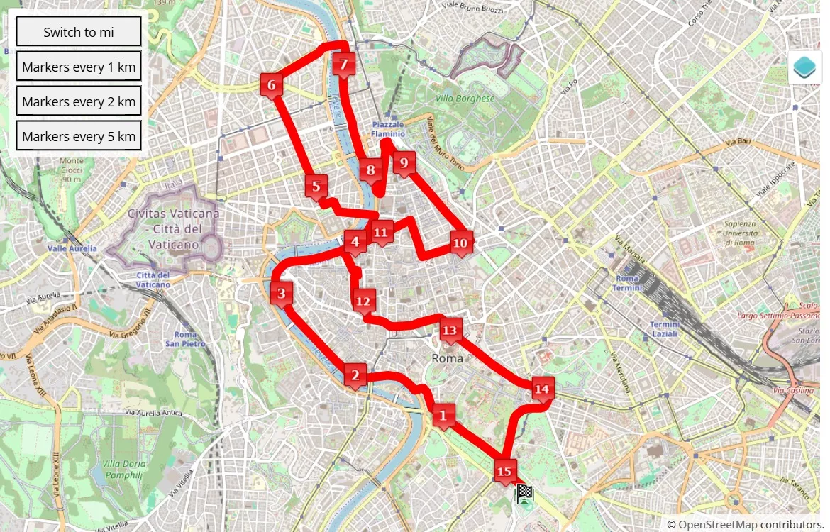 mappa percorso di gara Rome 15 K 2024