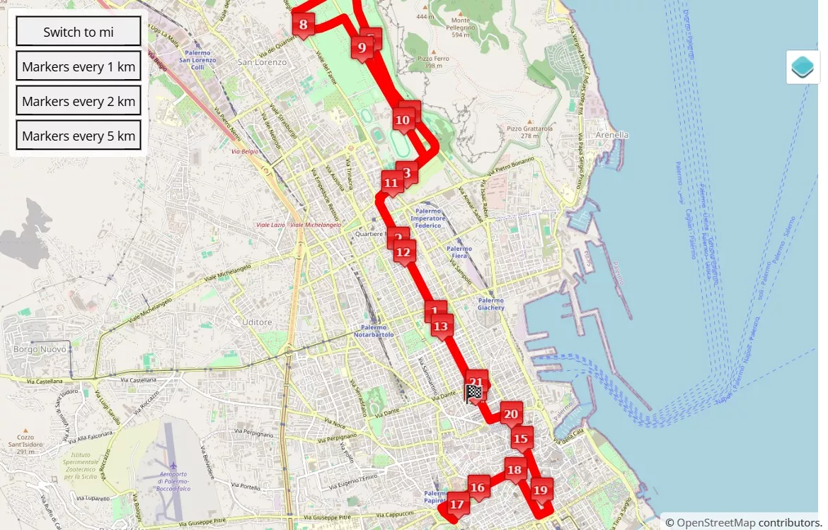 XXIX Maratona di Palermo, 21.0975 km race course map